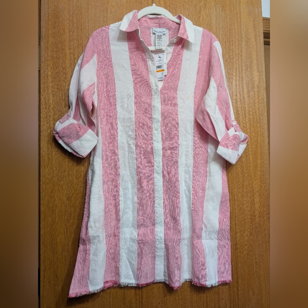 Pink and White Striped Button-Up Dress